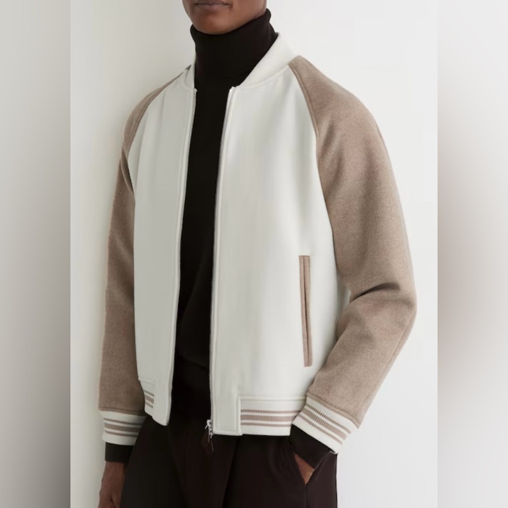 NEW Reiss Rylan Wool-Blend Color-Block Bomber Jacket Sz S OatmealOff White NWT
